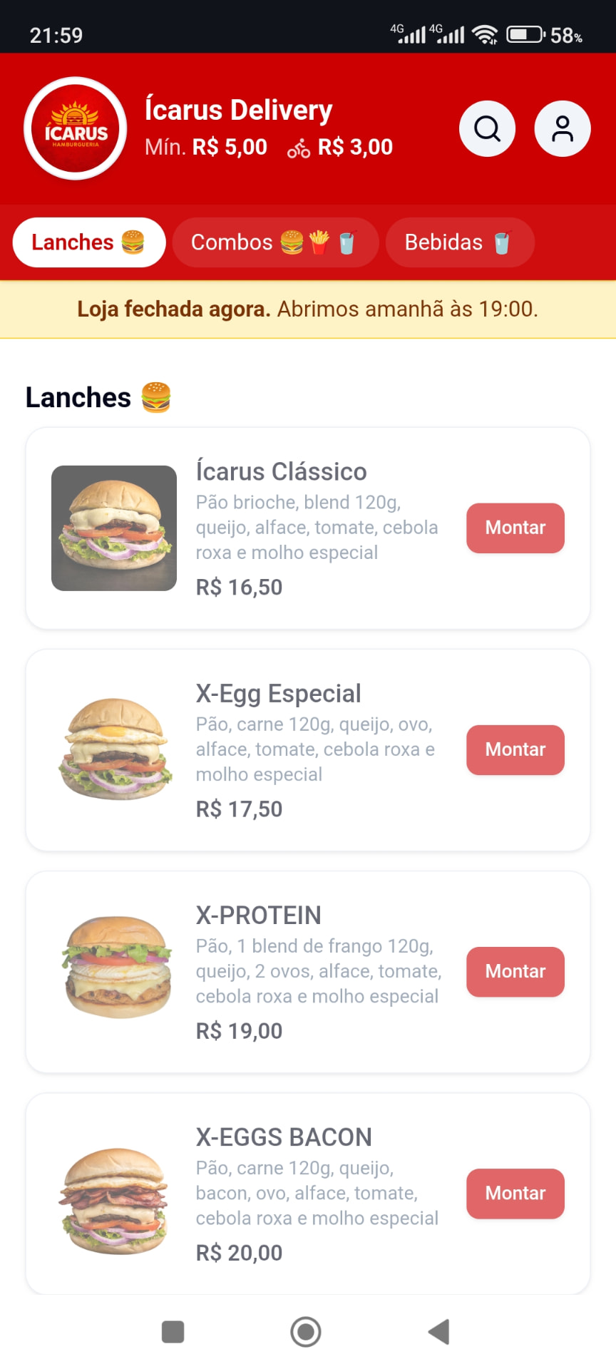 Cardápio digital da loja Ícarus Delivery