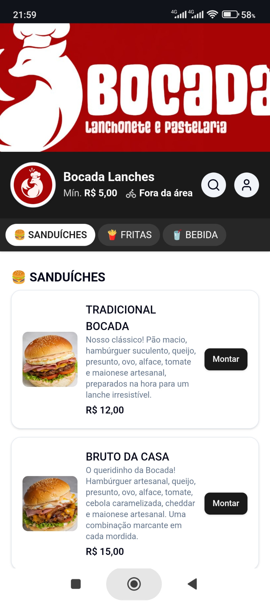 Cardápio digital da loja Bocada Lanches